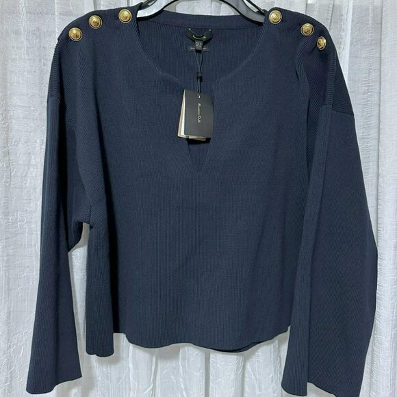 NWT Massimo Dutti Navy V Neck Sweater With Bell Sleeves Gold Buttons Size Small - Picture 1 of 8